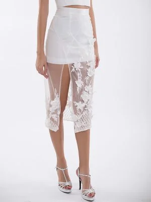 Knee Length Sexy Skirt with Embroidery Flower Patch